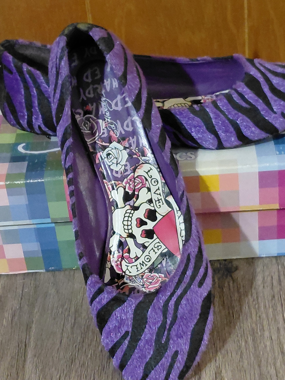 Ed Hardy Downtown Flat Ballet Purple & Black Zebra Y2K Print # 10FDT102W Sz 10 - Picture 2 of 10